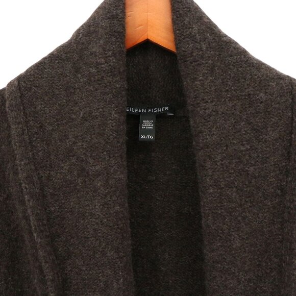 Eileen Fisher Peat Brown Wool Black Leather Sleeves Cardigan Sweater Jacket XL - Picture 4 of 6